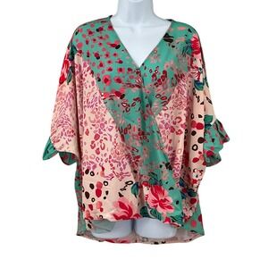 Umgee Top Womens‎ Sz L Floral Print Patchwork Wrap Blouse Bohemian Romantic USA